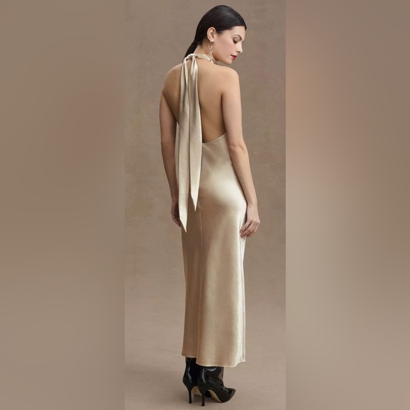 Sachin & Babi Sadie Halter Tie-Neck Hammered Satin Gown NWTin Champagne - Picture 3 of 3